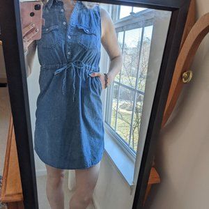 Button-Front Tie-Waist Denim Sleeveless Dress